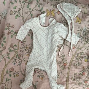 Baby Footie One-Piece with Matching bonnet - White with Pink Trim